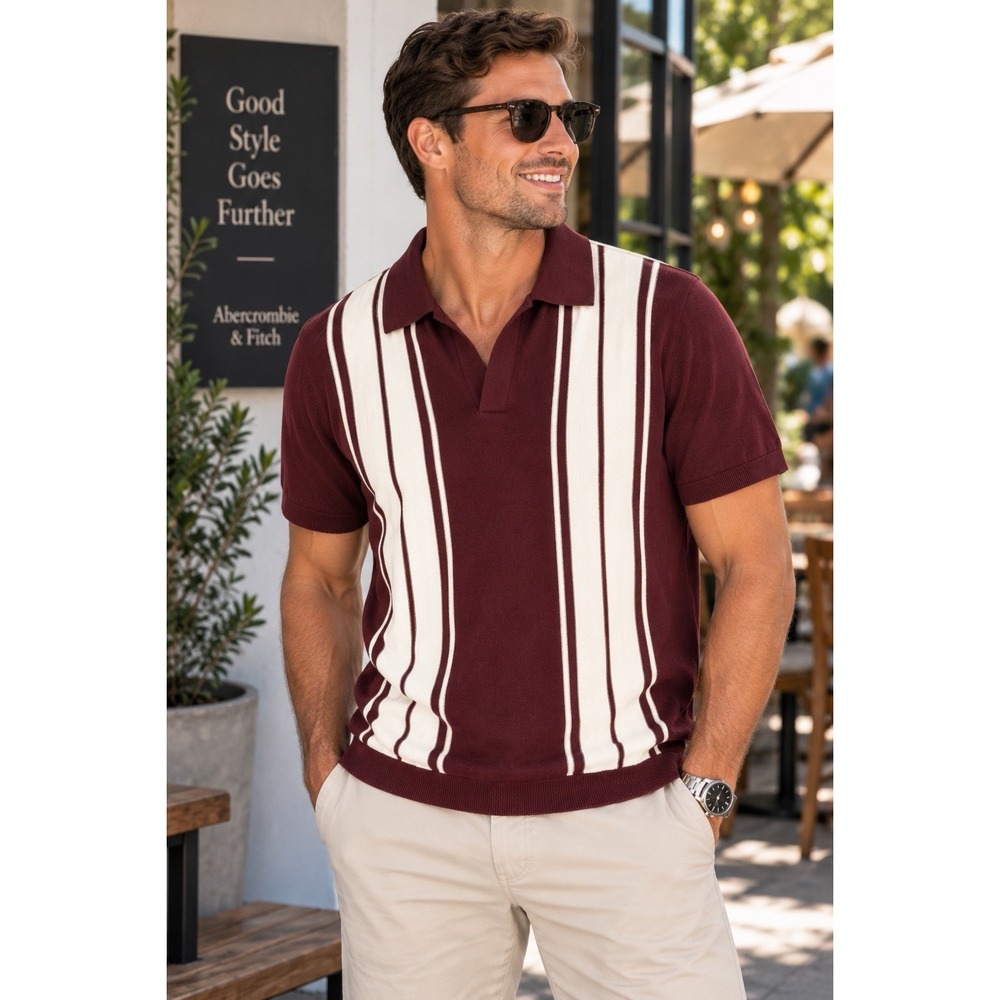 Abercrombie & Fitch Men's L Featherweight Knit Polo Burgundy Stripe NWT